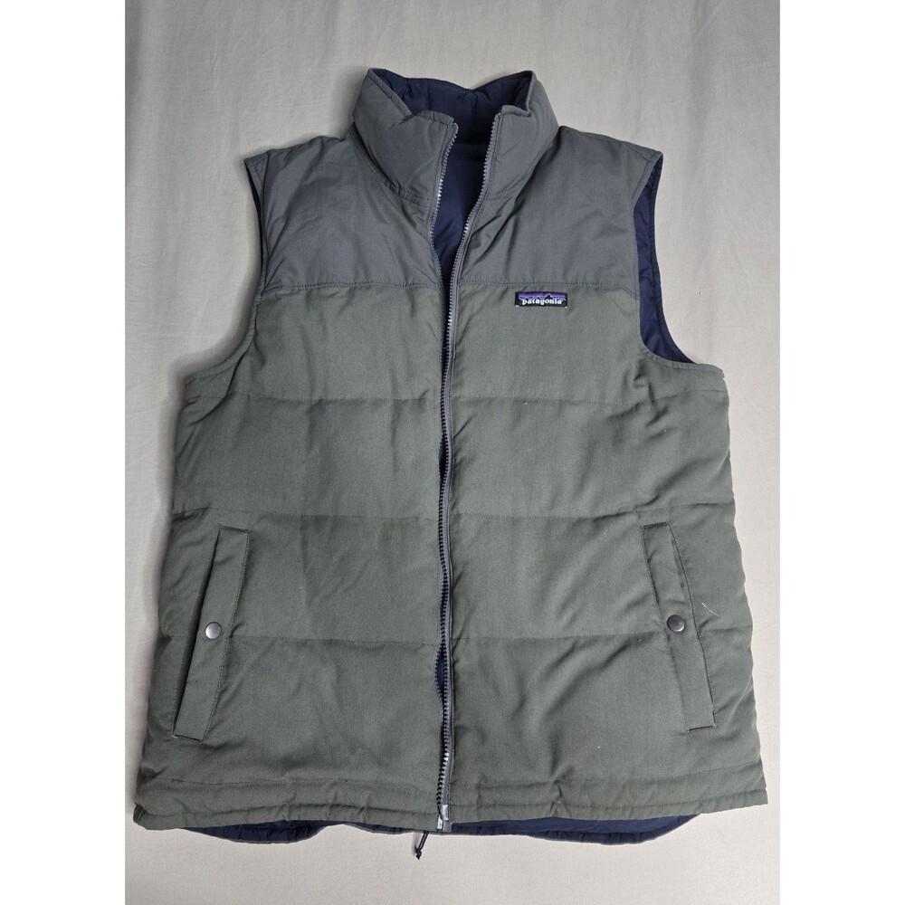 Patagonia Bivy Down Vest Jacket Mens Medium Blue Red Reversible Puffer Full Zip